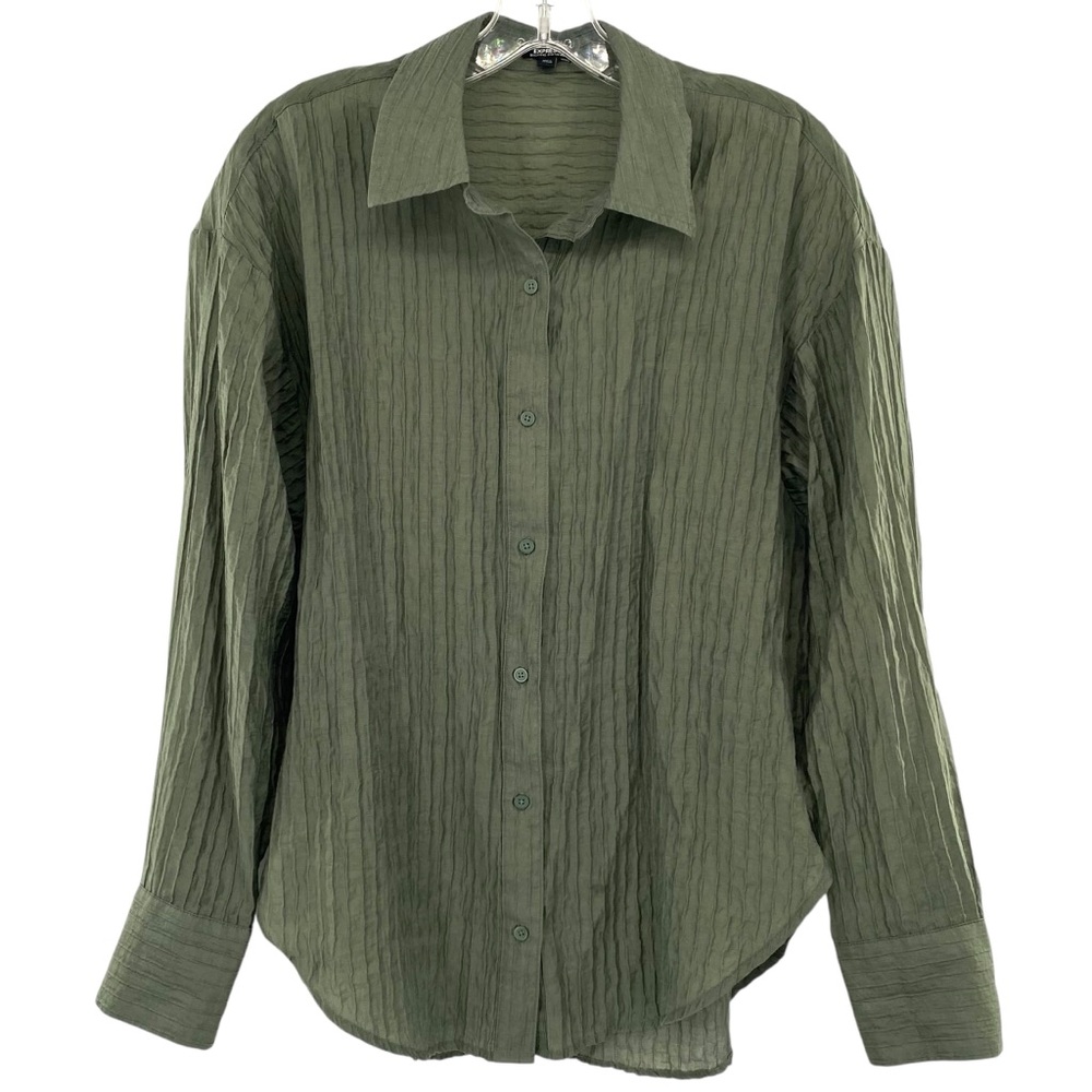 Express Women’s Green Boyfriend Portofino Textured Oversized Button Down Shirt